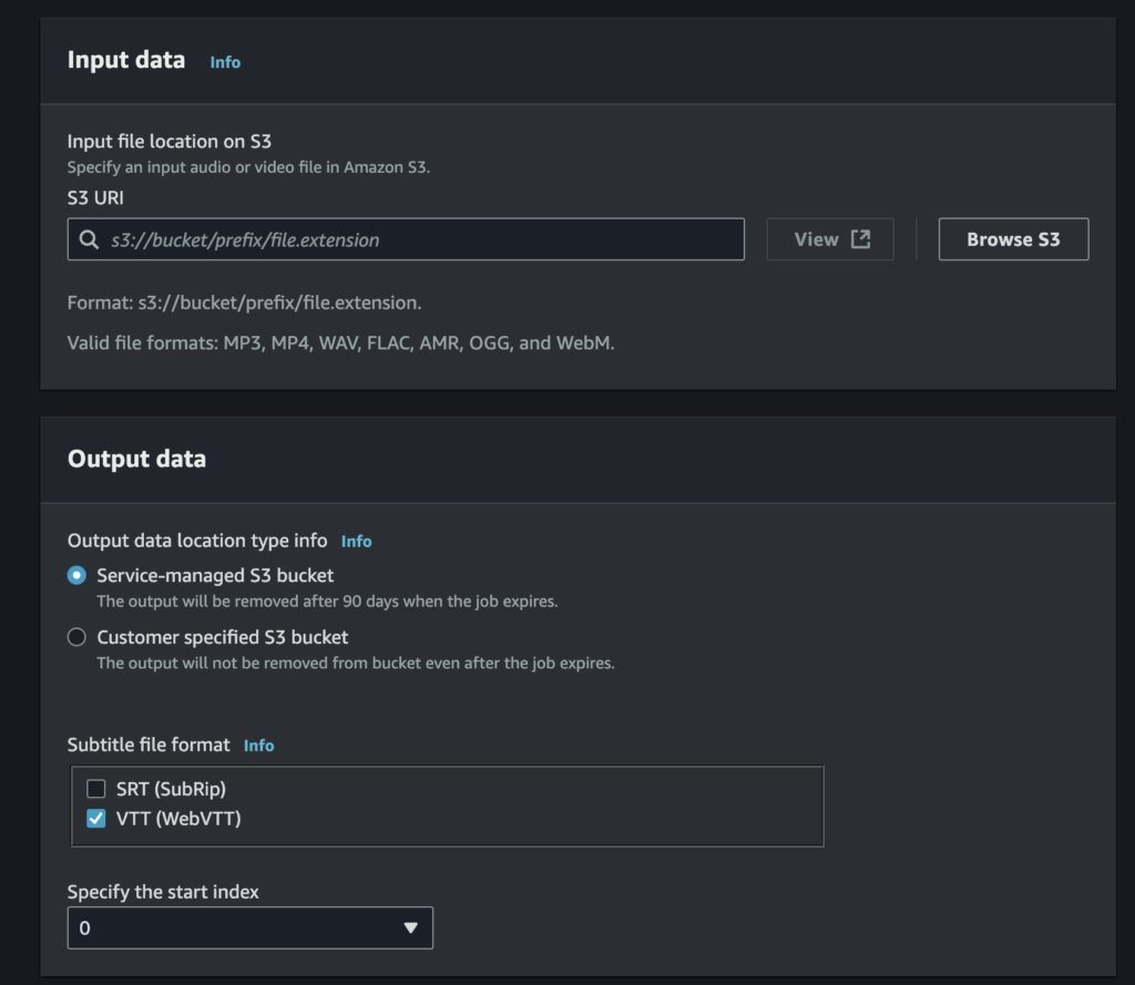 Amazon Transcribe job configuration showing WebVTT output format option