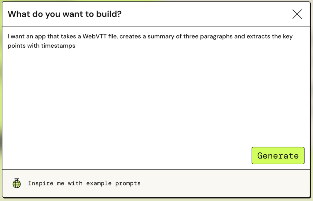 PartyRock prompt example for creating a WebVTT summarizer app