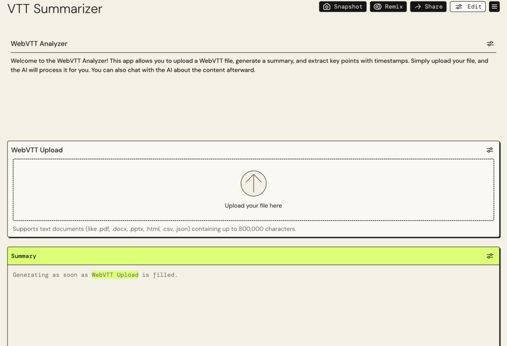 PartyRock generated app with WebVTT file upload and summary output